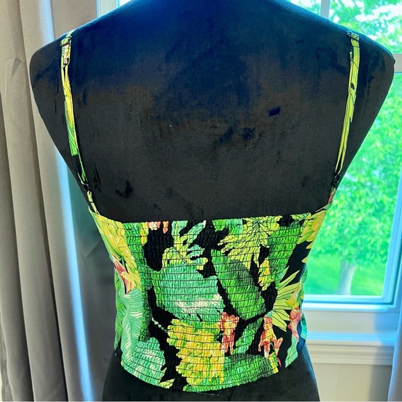 NWOT Nicole Miller Green/Yellow Linen Blend Tropical Botanical Tie Camisole - Picture 4 of 4